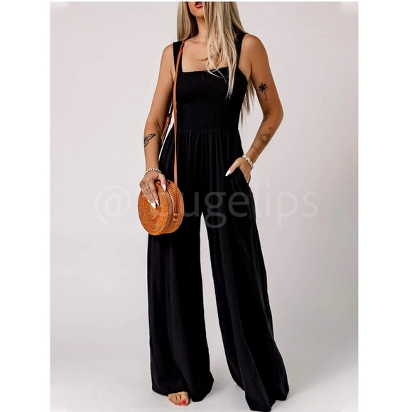 Black Jumpsuit Slant Pocket Wide Leg Shirred Bodice Straps Square Neck